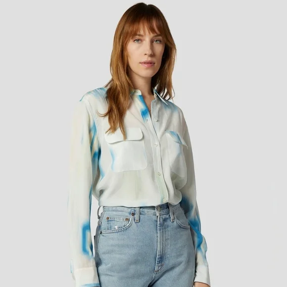 Equipment Silk Satin Blouse in Desert Blue Multi - Size M - Picture 3 of 4